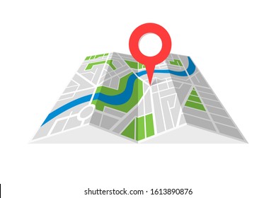 City street cartography folded map with navigation location pin pointer. Finding the way direction concept symbol vector illustration