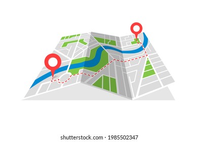 City street cartography folded map plan with GPS location place pins and navigation red route between point markers. Finding way path direction concept vector perspective view isometric illustration