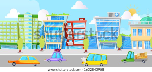 City\
street with cartoon cars panorama vector illustration. Cars driving\
city street panorama, urban road. Buildings and cars auto and\
vehicles for children posters, wrapping or\
textile.