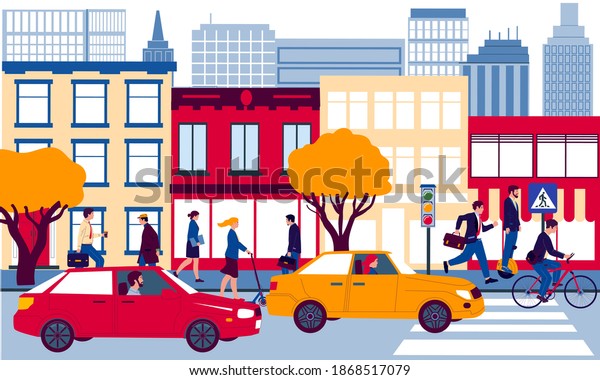 City street. Cartoon urban landscape. Men and\
women walking or driving to work. People riding scooters or bicycle\
and automobiles. Vehicles to moving around town. Vector road and\
buildings facades