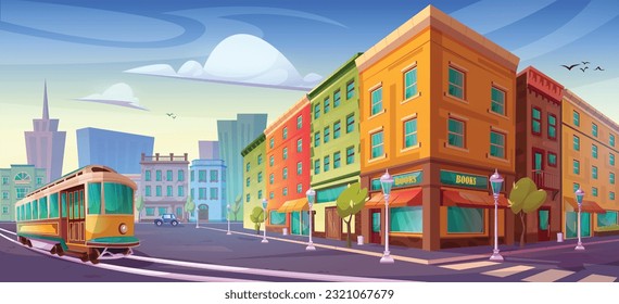 City street cartoon vector shop building with urban skyscraper view. Isometric apartment illustration near tram in town with nobody in sunny day. Retro game architecture 2d graphic wallpaper