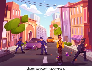 City street with characters on road, policemen, robber with stolen gold ring, discouraged puppeteer man with dolls on ropes. Game or book scene with funny personages, Cartoon vector illustration