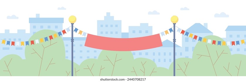 City street with color garland. Holiday celebration background. Vector illustration