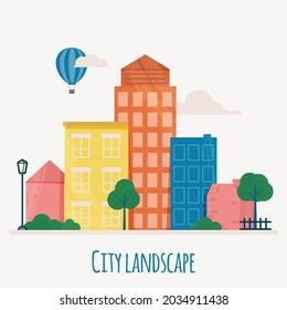 City street with colorful houses of various shapes. Vector flat illustration