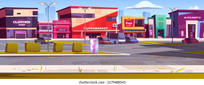 Calle de la ciudad con edificios comerciales, tiendas y estacionamiento. Vector cartografía paisaje urbano otoñal con supermercado, cafetería, biblioteca, farmacia, tienda con ropa y partes de automóviles