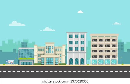 City street and company with bus stop in flat style.Business buildings in urban.Buildings on main street.Vector illustration.Modern cityscape design.Urban landscape with large modern buildings