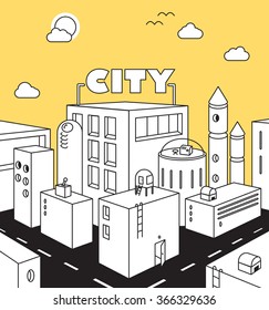 City street concept with buildings, roads, sky.Town, landscape, background.Game vector illustration