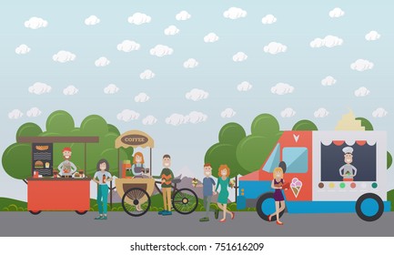 City street concept vector illustration with fast food cart, coffee bike and ice cream truck, buyers and sellers of street food, ice cream, coffee and soft drinks. Flat style design.