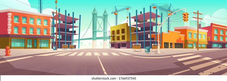 City street with construction site, building work and tower crane. Vector cartoon cityscape, urban landscape with houses, unfinished construction, road with crosswalk and overpass on background