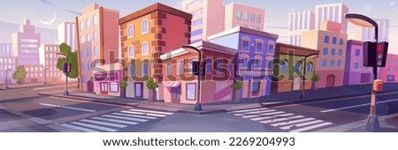 City street corner with buildings and traffic lights. Vector cartoon illustration of empty crossroads, urban old and modern houses, shops, restaurants, green trees on sidewalk. Downtown neighborhood