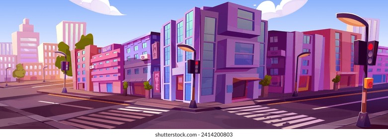 City street corner on summer day. Vector cartoon illustration of modern town district with zebra crossing, traffic lights and lanterns on road, apartment houses, motel sign on facade, green trees