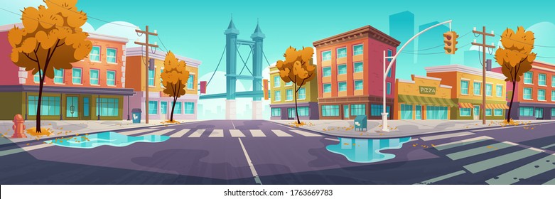 City street with crossroad in autumn, empty transport intersection with zebra crossing, puddles and fallen leaves. Urban architecture, infrastructure, megapolis with trees. Cartoon vector illustration