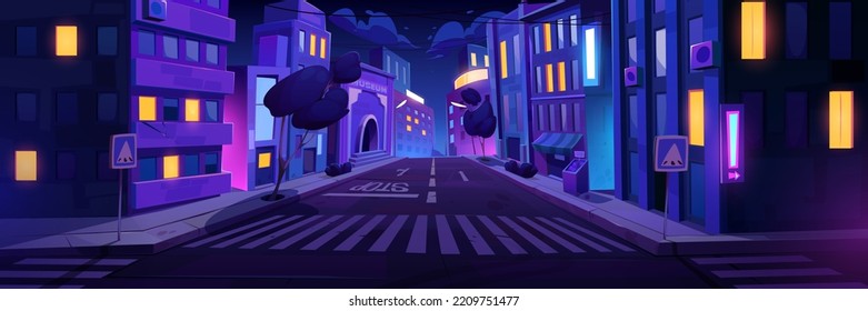 City street with crossroad at night time, empty transport highway intersection with zebra, walkway, trees and glowing buildings perspective view. Urban infrastructure, Cartoon vector illustration