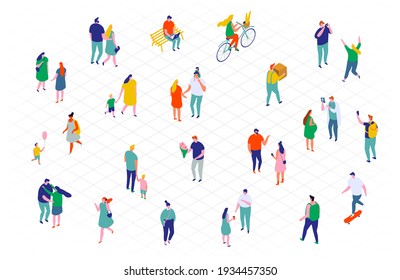 City street. Crowd.  Different isometric cartoon peopleisolated on white. Male and female vector set.  No face simple design 