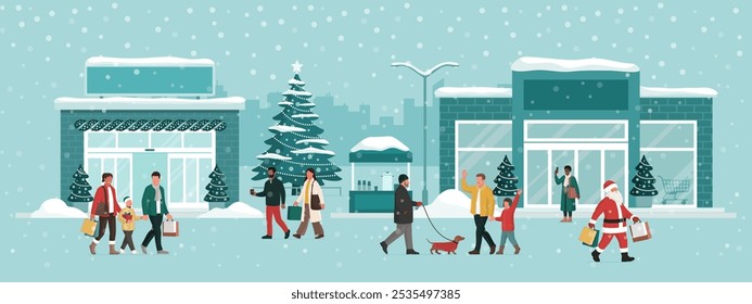 City street with decorations under the snow and people doing Christmas shopping, Santa Claus is buying gifts, holidays and celebrations concept