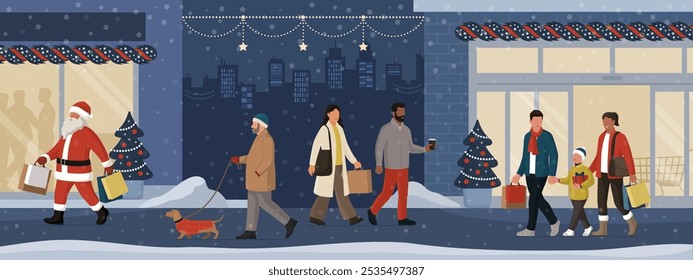 City street with decorations under the snow and people doing Christmas shopping, Santa Claus is buying gifts, holidays and celebrations concept