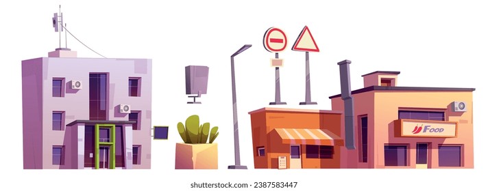 City street design elements set isolated on white background. Vector cartoon illustration of modern office building entrance, cafe and food shop facade, traffic signs, lantern, waste bin, green bush