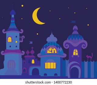 City street, different houses at night with the moon and with the light in the windows.
