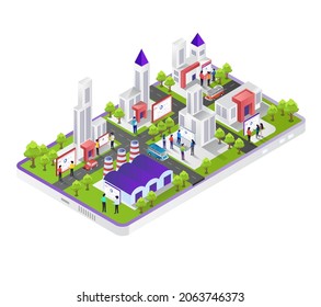 City street with digital signage in isometric illustration