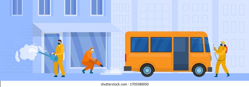 City street disinfection, vector illustration. People in protective suit work against coronavirus, epidemic prevention at quarantine. Workers with special equipment spray sanitizer at empty street.