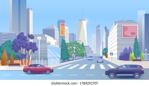 Ilustración vectorial del centro urbano. Caricatura 3d paisaje urbano panorámico urbano, centro de oficina de negocios con edificios de torre de rascacielos, paso libre y auto en la carretera, fondo de escena de ciudad de verano