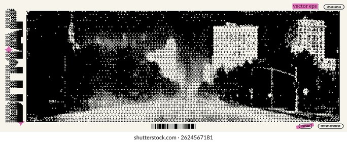 City street at dusk showcasing pixelated art style and characteristics inspired by dadaism and y2k aesthetics