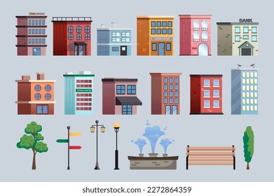 City street elements buildings set icons concept without people scene in the flat cartoon design. Images of various city architecture, lanterns, benches and fountains. Vector illustration.