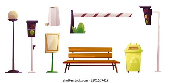 City street elements, road traffic light, wooden bench, trash can, automatic car barrier and lamp isolated on white background. Vector cartoon set of urban landscape, bus stop, crosswalk