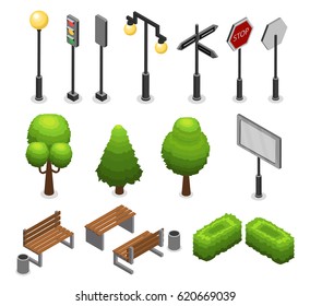 City street elements set with lamp lantern traffic light trees benches bushes billboard trash road signs isolated vector illustration