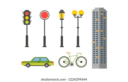 City street elements set, urban infrastructure objects, lantern, traffic light, bike, car, skyscraper vector Illustration on a white background