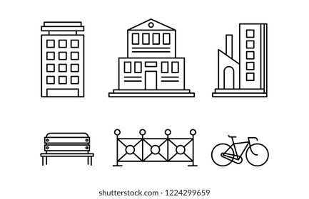 City street elements set, urban infrastructure objects, city buildings, fence, bench, bicycle linear vector Illustration on a white background