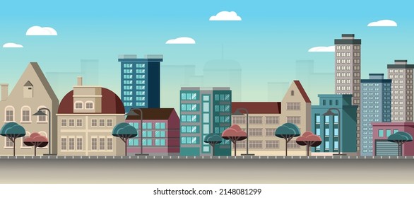 City street with European buildings. Vector cartoon cityscape with house facades, trees, street lamps, stone road and sidewalk. Isolated vector illustration.
