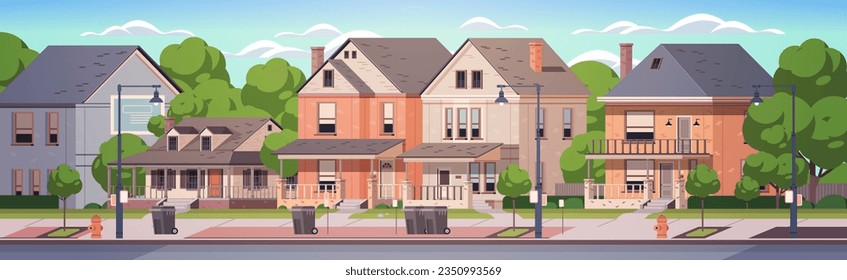 City street with facades of one-story buildings. Horizontal banner. Flat design