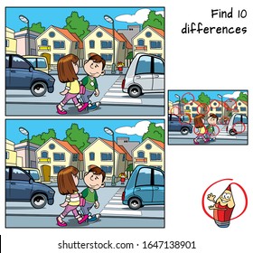 City street. Find 10 differences. Educational matching game for children. Cartoon vector illustration