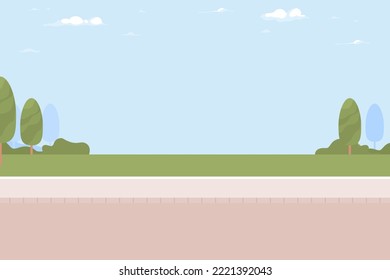 Stadtstraße flache Vektorgrafik. Öffentlicher Ort. Freizeitpark. Straßenbüsche und Bäume. Sommerzeit. Vollständig bearbeitbare, einfache 2D-Cartoon-Landschaft mit Straße auf Hintergrund