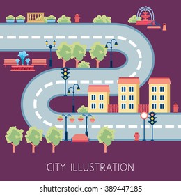 City street flat design schema for navigator or kids floor play mat poster print abstract vector illustration 