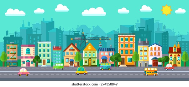 City Street in a Flat Design and Set of Urban Buildings