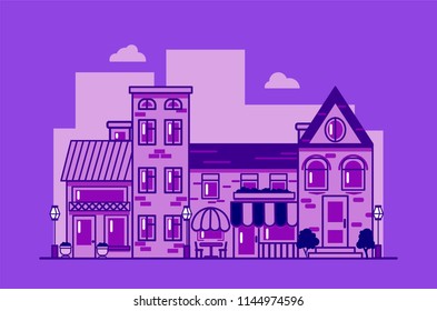 City Street flat design. Urban streetscape. Vector houses. Cartoon exterior architecture, touristic place, facade for illustration of business/ town-planning project, background for any cartoon scene