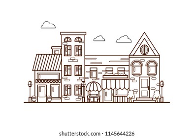 City Street flat design.Bright urban streetscape in lines. Cartoon exterior architecture, touristic place, facade for illustration of business/ town-planning project, background for any cartoon scene