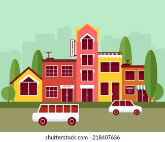 City street flat vector composition. Building block illustration