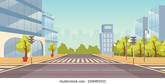 City Street Flat Vector Illustration. Cityscape With No People. Urban Highway With Skyscrapers, Parks Cartoon Background. Town Buildings And Roads Intersection With Crosswalk, Traffic Lights Backdrop