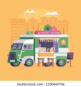 City street food vegan van in flat design. Pressed juice truck. Summer auto juice bar kiosk in flat design. Festival car with vegetarian food on wheels. Vintage cartoon minivan with fruit drinks.