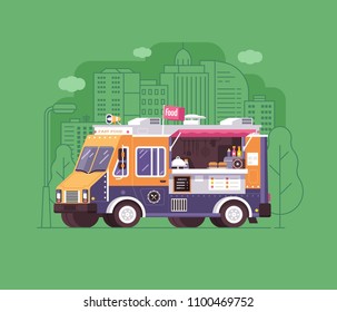 City street food wagon in flat design. Barbecue and fast food caravan or truck on summer festival in flat design. Van with snacks on wheels. Vintage cartoon parlor.