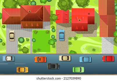 City street. Fragment of small town. Top View from above. Cozy houses with courtyards and parking lots. Cartoon cute style illustration. Cars drive along asphalt road. Vector.