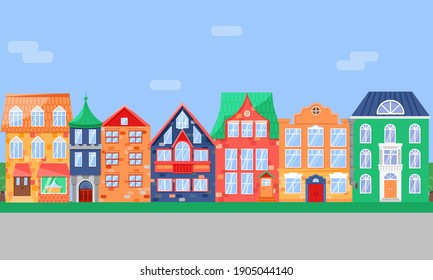 City street with front view houses. Home facades with doors, windows and balcony in bright color. Flat vector illustration in cute style.