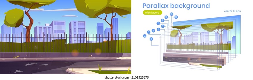 Stadtstraße mit Garten und Gebäude hinter Zaun. Vektorparallaxer Hintergrund für 2D-Animation mit Cartoon-Illustration der Sommerlandschaft mit Straße, Bürgersteig, grünen Buchsen und Bäumen