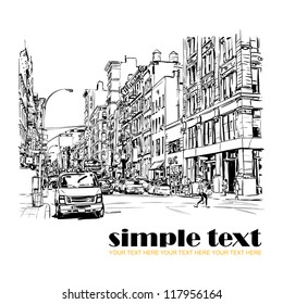 City street hand drawn vector illustration Panorama of a busy urban road with buildings cars and simple text placeholder

Description
Detailed vector illustration of a bustling city street rendered in a classic hand drawn sketch style The artwork captures a perspective view of a metropolitan road filled with various cars a van and pedestrians walking along the sidewalks Tall urban buildings with intricate architectural details like windows and fire escapes line the street under a clear sky The bottom of the design includes a bold simple text section for custom messaging making it ideal for travel posters urban planning presentations or architectural blogs