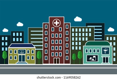 City street with a hospital, pharmacy and school on the background of residential buildings. Vector illustration.