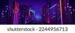 City street with houses and buildings with glowing windows at night. Cityscape with empty road, houses and skyscrapers with neon color ligth, vector cartoon illustration