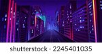 City street with houses and buildings with glowing windows at night. Cityscape with empty road, houses and skyscrapers with neon color ligth, blue star sky, vector cartoon illustration